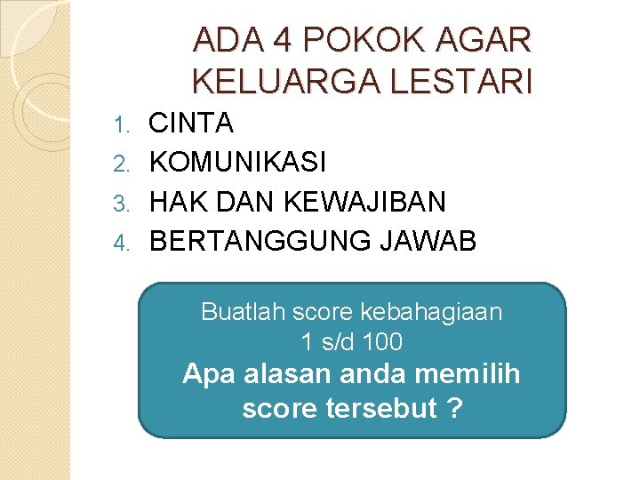 ADA 4 POKOK AGAR KELUARGA LESTARI CINTA 2. KOMUNIKASI 3. HAK DAN KEWAJIBAN 4.