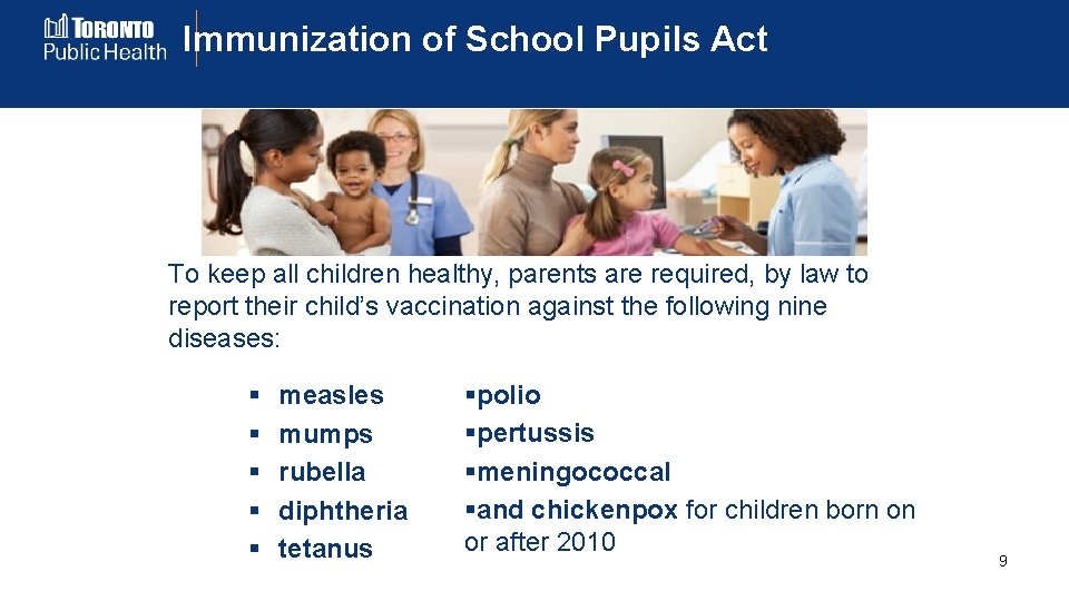 Immunization of School Pupils Act To keep all children healthy, parents are required, by