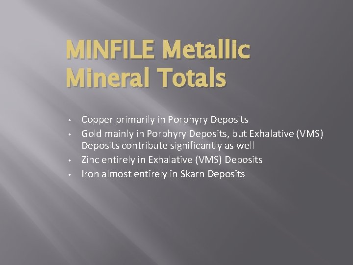 MINFILE Metallic Mineral Totals • • Copper primarily in Porphyry Deposits Gold mainly in