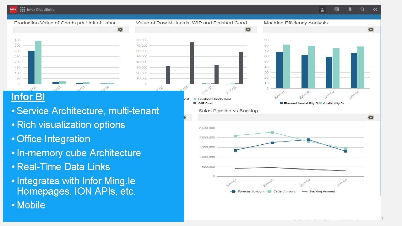 Infor BI • Service Architecture, multi-tenant • Rich visualization options • Office Integration •