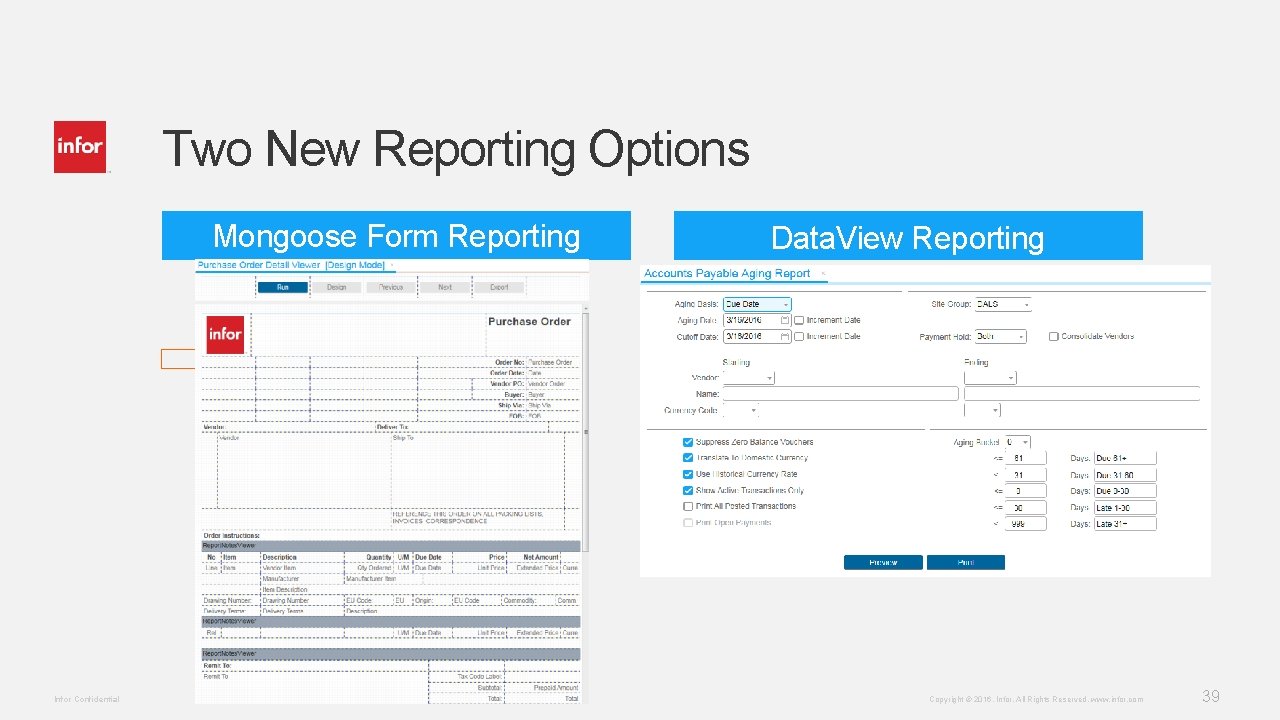 Two New Reporting Options Mongoose Form Reporting Infor Confidential Data. View Reporting Copyright ©