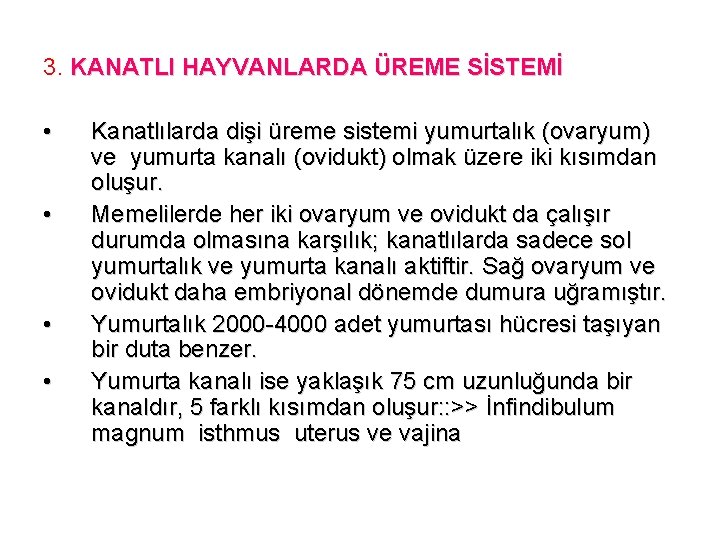 3. KANATLI HAYVANLARDA ÜREME SİSTEMİ • • Kanatlılarda dişi üreme sistemi yumurtalık (ovaryum) ve