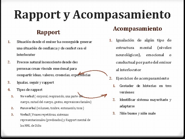 Rapport y Acompasamiento Rapport Situación donde el emisor ha conseguido generar 1. 2. 1.