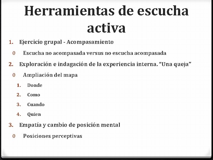 Herramientas de escucha activa 1. Ejercicio grupal - Acompasamiento Escucha no acompasada versus no