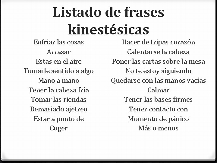 Listado de frases kinestésicas Enfriar las cosas Arrasar Estas en el aire Tomarle sentido