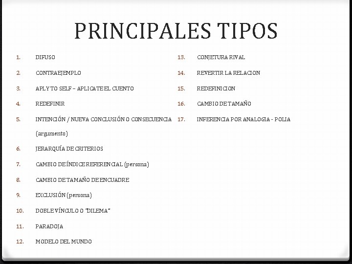 PRINCIPALES TIPOS 1. DIFUSO 13. CONJETURA RIVAL 2. CONTRAEJEMPLO 14. REVERTIR LA RELACION 3.