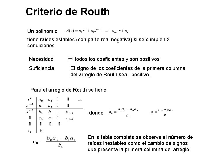 Criterio de Routh Un polinomio tiene raíces estables (con parte real negativa) si se