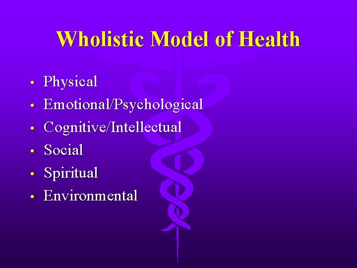 Wholistic Model of Health • • • Physical Emotional/Psychological Cognitive/Intellectual Social Spiritual Environmental 