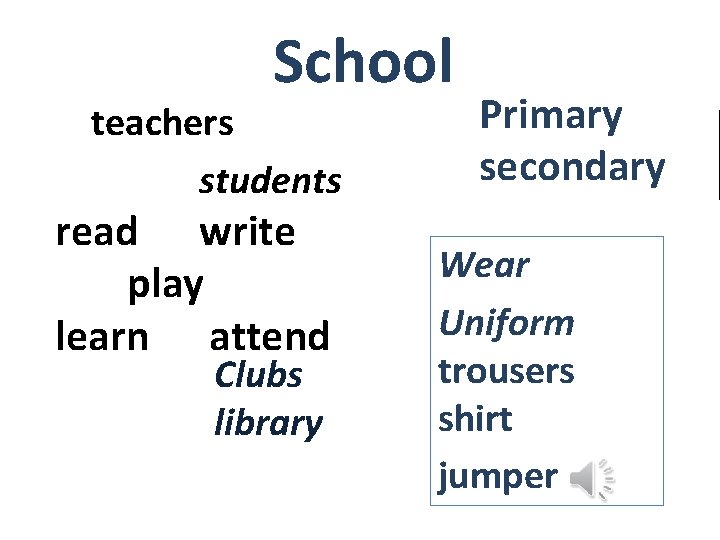School teachers students read write play learn attend Clubs library Primary secondary Wear Uniform