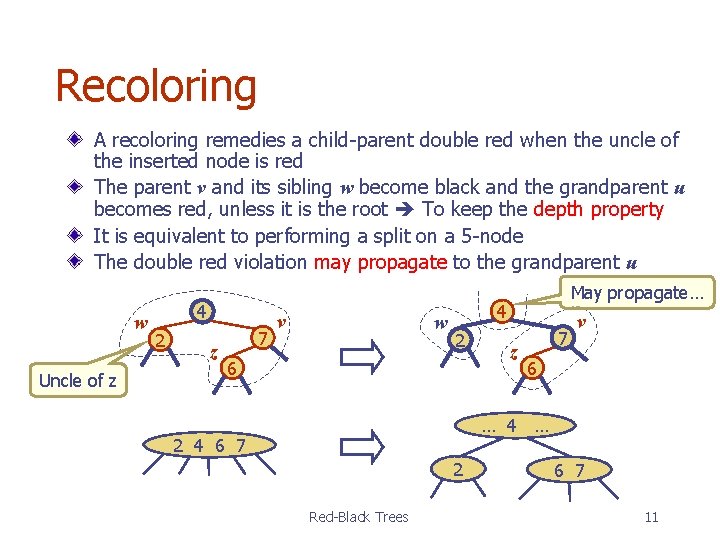 Recoloring A recoloring remedies a child-parent double red when the uncle of the inserted