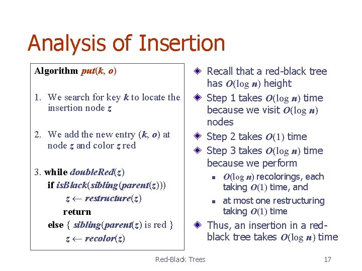 Analysis of Insertion Algorithm put(k, o) 1. We search for key k to locate