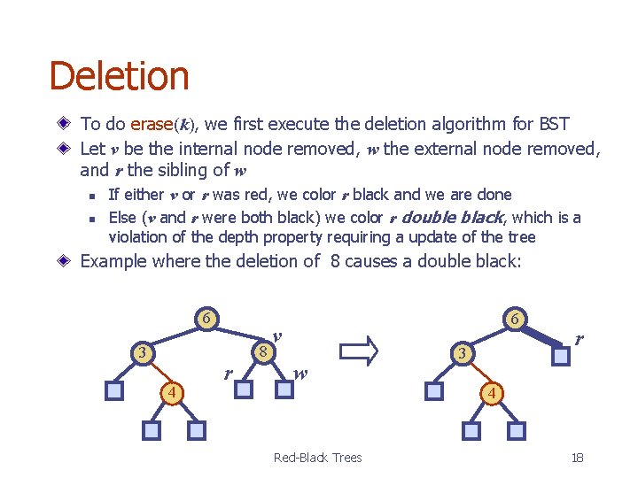 Deletion To do erase(k), we first execute the deletion algorithm for BST Let v