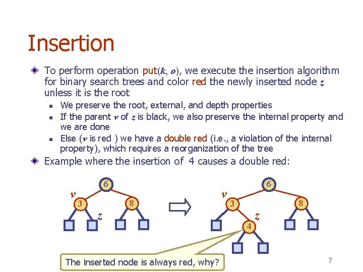 Insertion To perform operation put(k, o), we execute the insertion algorithm for binary search