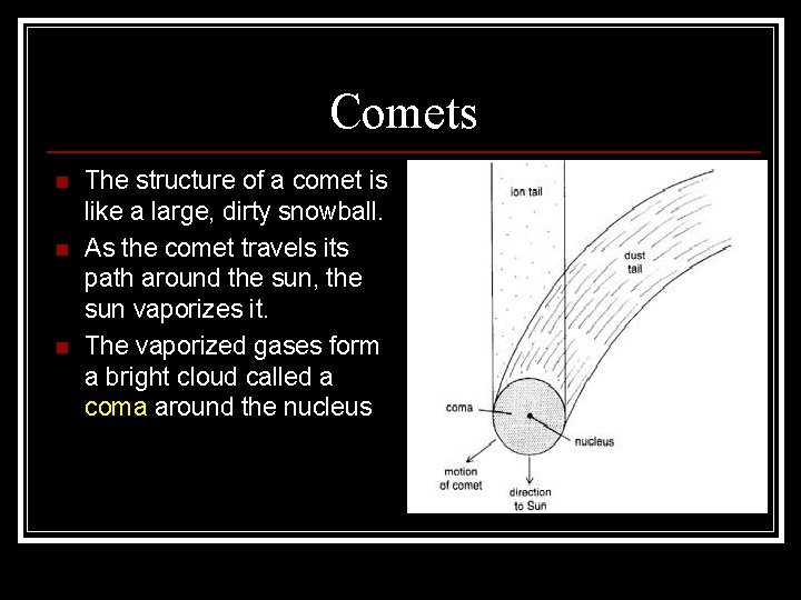 Comets n n n The structure of a comet is like a large, dirty