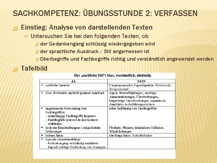 SACHKOMPETENZ: ÜBUNGSSTUNDE 2: VERFASSEN Einstieg: Analyse von darstellenden Texten Untersuchen Sie bei den folgenden