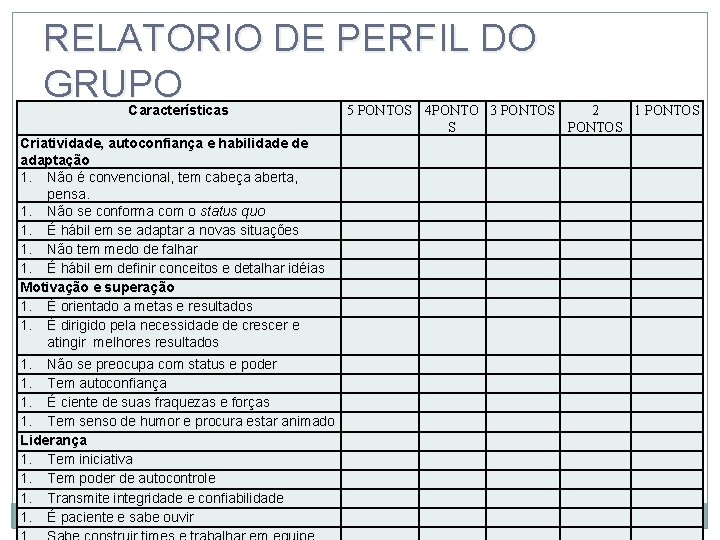 RELATORIO DE PERFIL DO GRUPO 4 PONTO 3 PONTOS Características (CITAR, SE POSSÍVEL, SOMENTE