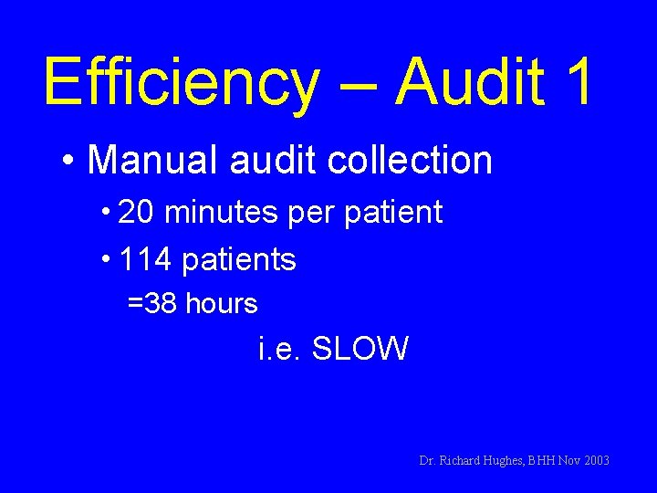 Efficiency – Audit 1 • Manual audit collection h 20 minutes per patient h