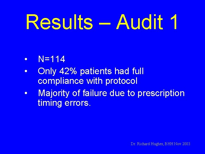 Results – Audit 1 • • • N=114 Only 42% patients had full compliance