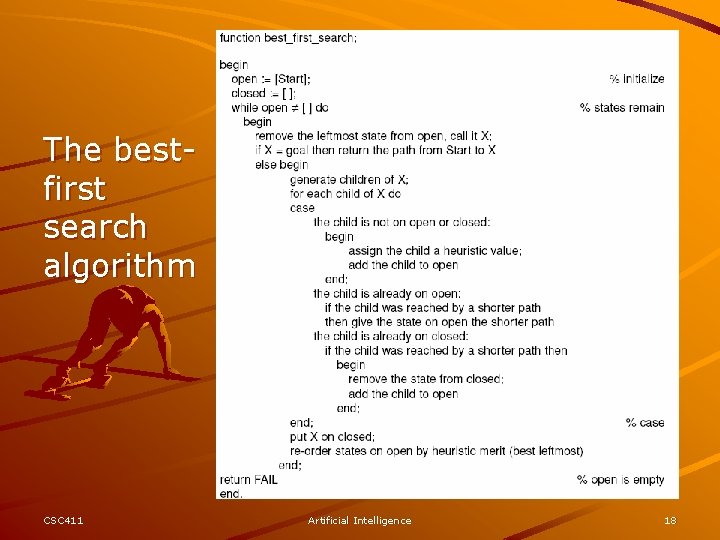 The bestfirst search algorithm CSC 411 Artificial Intelligence 18 