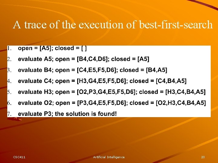 A trace of the execution of best-first-search CSC 411 Artificial Intelligence 20 