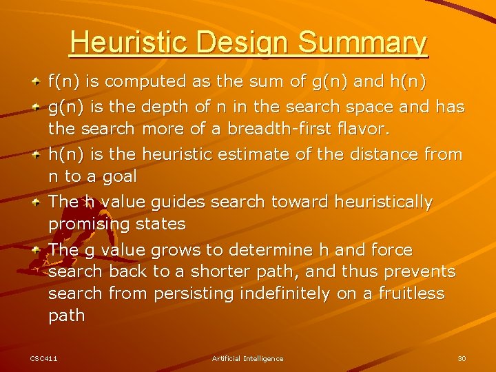 Heuristic Design Summary f(n) is computed as the sum of g(n) and h(n) g(n)