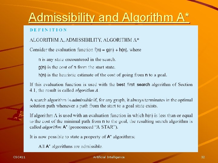 Admissibility and Algorithm A* CSC 411 Artificial Intelligence 32 