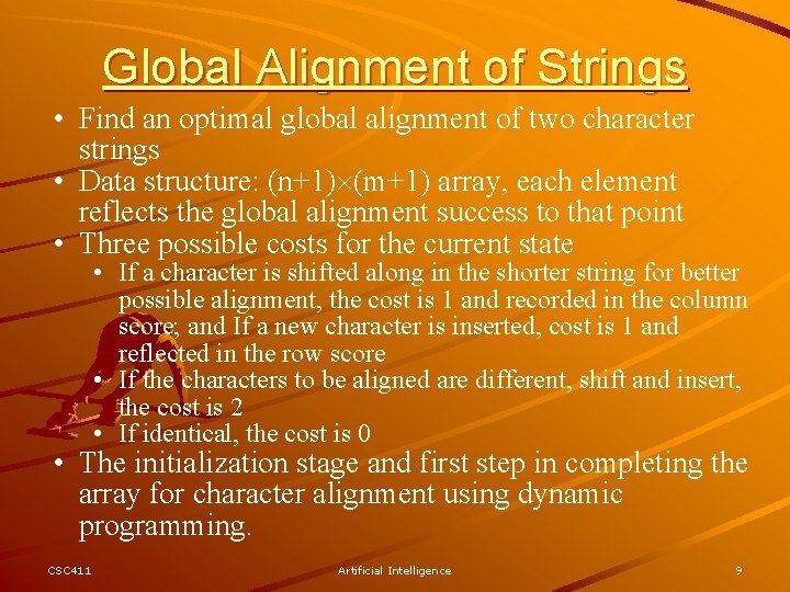 Global Alignment of Strings • Find an optimal global alignment of two character strings