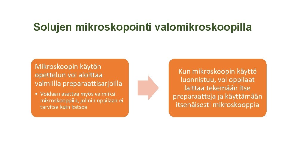 Solujen mikroskopointi valomikroskoopilla Mikroskoopin käytön opettelun voi aloittaa valmiilla preparaattisarjoilla • Voidaan asettaa myös