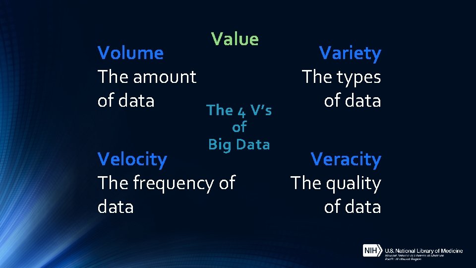 Volume The amount of data Value The 4 V’s of Big Data Velocity The