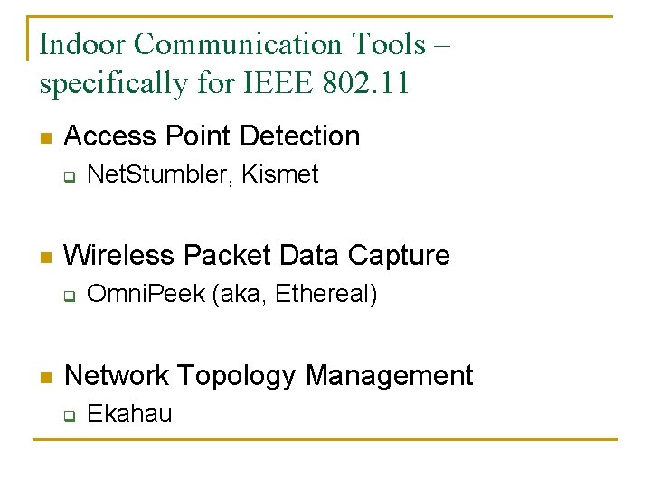 Indoor Communication Tools – specifically for IEEE 802. 11 n Access Point Detection q