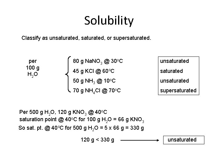 Solubility Classify as unsaturated, or supersaturated. per 100 g H 2 O 80 g