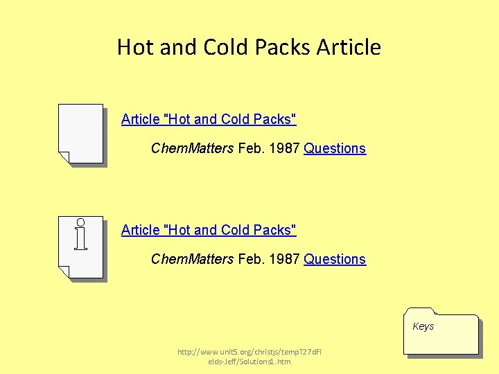 Hot and Cold Packs Article "Hot and Cold Packs" Chem. Matters Feb. 1987 Questions