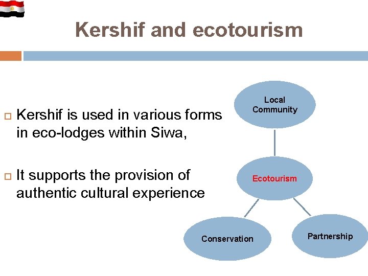 Kershif and ecotourism Kershif is used in various forms in eco-lodges within Siwa, It