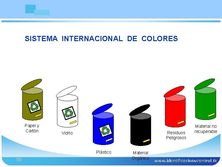Bioseguridad SISTEMA INTERNACIONAL DE COLORES Papel y Cartón Residuos Peligrosos Vidrio Plástico 10 Material