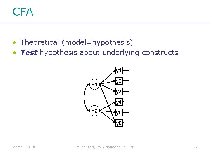 CFA • Theoretical (model=hypothesis) • Test hypothesis about underlying constructs y 1 F 1