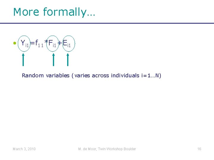 More formally… • Yi 1=f 11*Fi 1+Ei 1 Random variables (varies across individuals i=1…N)