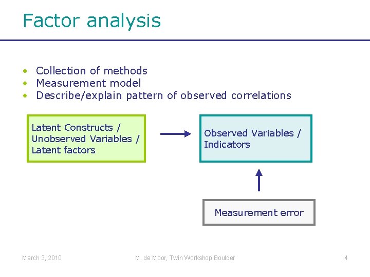 Factor analysis • Collection of methods • Measurement model • Describe/explain pattern of observed