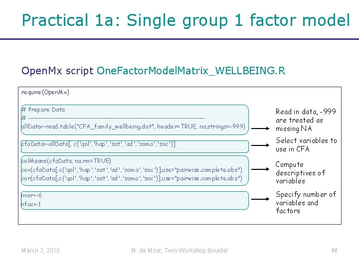 Practical 1 a: Single group 1 factor model Open. Mx script One. Factor. Model.