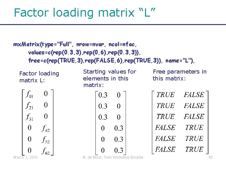 Factor loading matrix “L” mx. Matrix(type="Full", nrow=nvar, ncol=nfac, values=c(rep(0. 3, 3), rep(0, 6), rep(0.