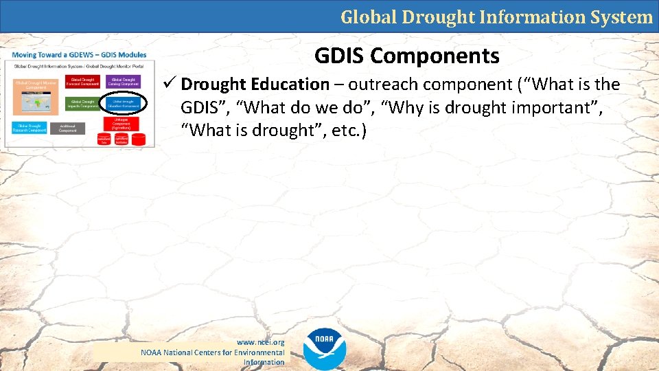 Global Drought Information System GDIS Components ü Drought Education – outreach component (“What is