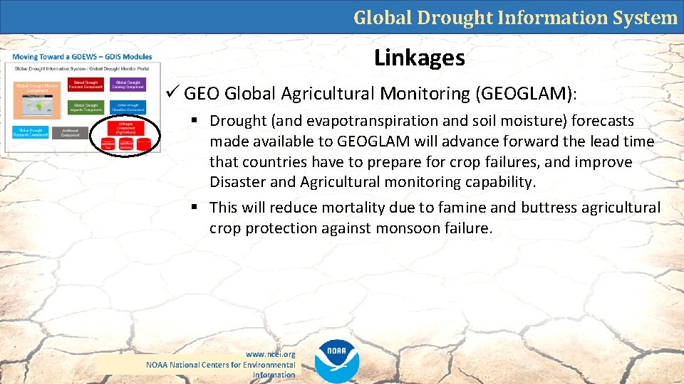 Global Drought Information System Linkages ü GEO Global Agricultural Monitoring (GEOGLAM): § Drought (and