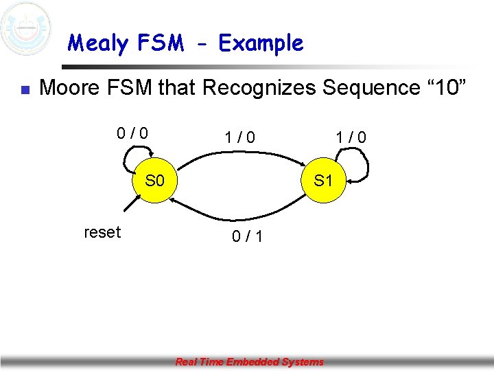 Mealy FSM - Example n Moore FSM that Recognizes Sequence “ 10” 0/0 1/0