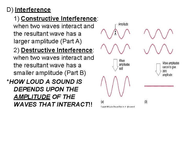 D) Interference 1) Constructive Interference: when two waves interact and the resultant wave has