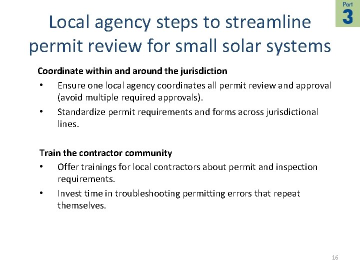 Local agency steps to streamline permit review for small solar systems Coordinate within and