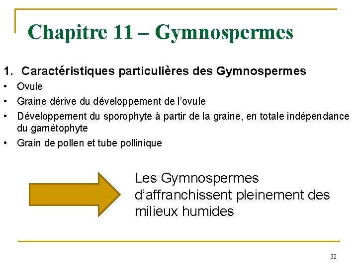 Chapitre 11 – Gymnospermes 1. Caractéristiques particulières des Gymnospermes • Ovule • Graine dérive