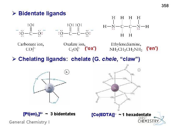 358 Ø Bidentate ligands (‘ox’) (‘en’) Ø Chelating ligands: chelate (G. chele, “claw”) [Pt(en)3]4+