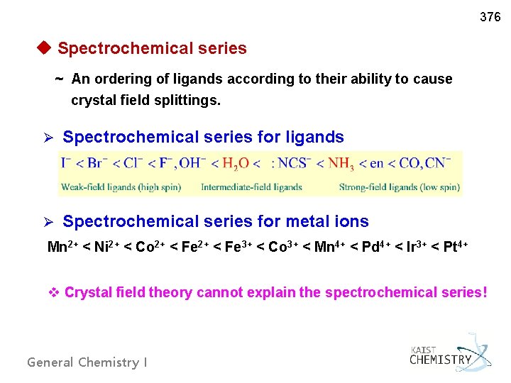 376 u Spectrochemical series ~ An ordering of ligands according to their ability to