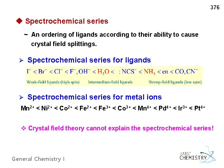 376 u Spectrochemical series ~ An ordering of ligands according to their ability to