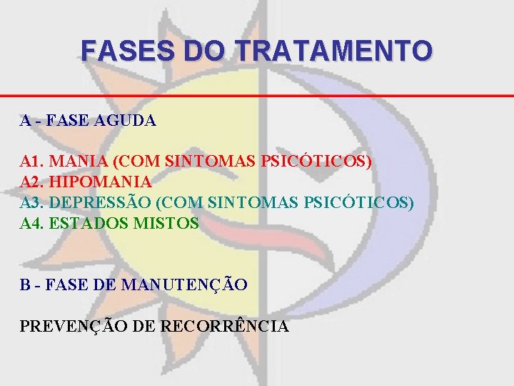 FASES DO TRATAMENTO A - FASE AGUDA A 1. MANIA (COM SINTOMAS PSICÓTICOS) A