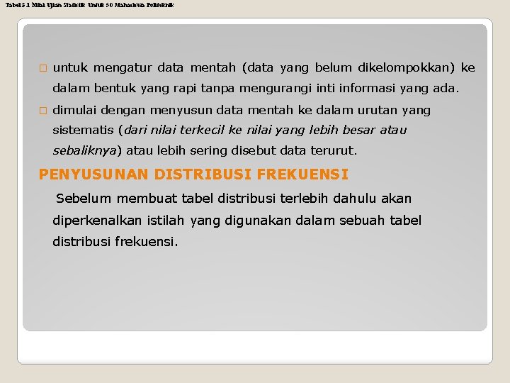 Tabel 3. 1 Nilai Ujian Statistik Untuk 50 Mahasiswa Politeknik � untuk mengatur data